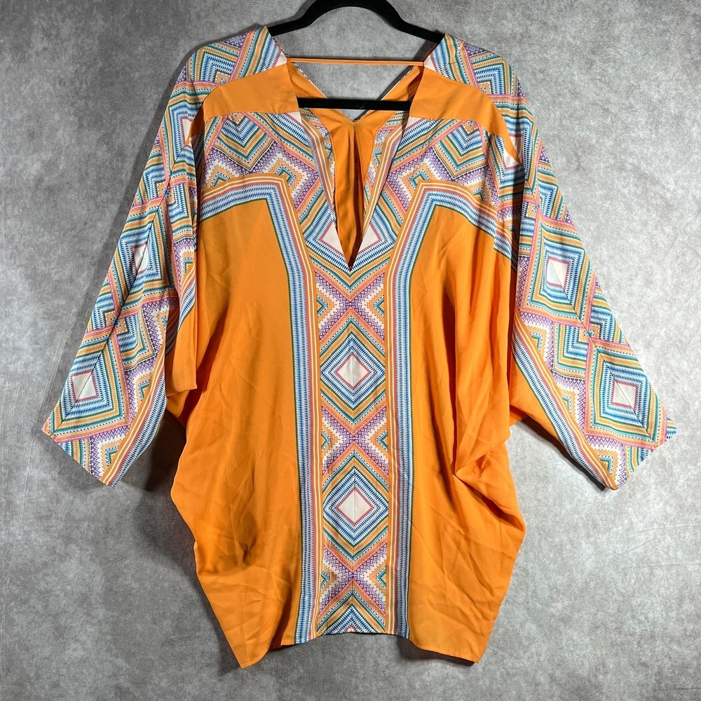 Rose +‎ Olive Top Womens XL Orange Geometric Kimono V-Neck Boho Southwestern NEW